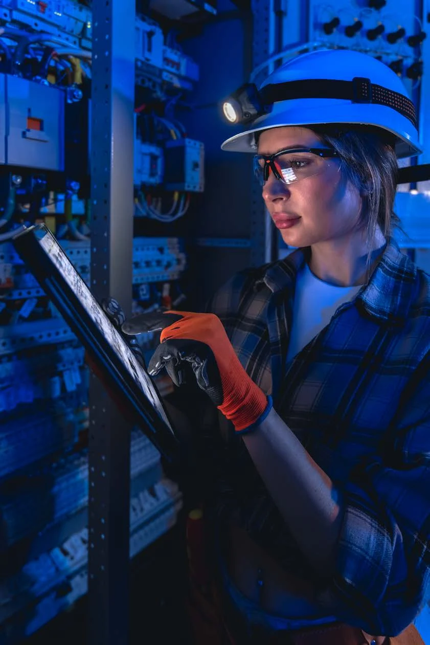 Technician inspecting an electrical panel, from KelTech’s brochure cover